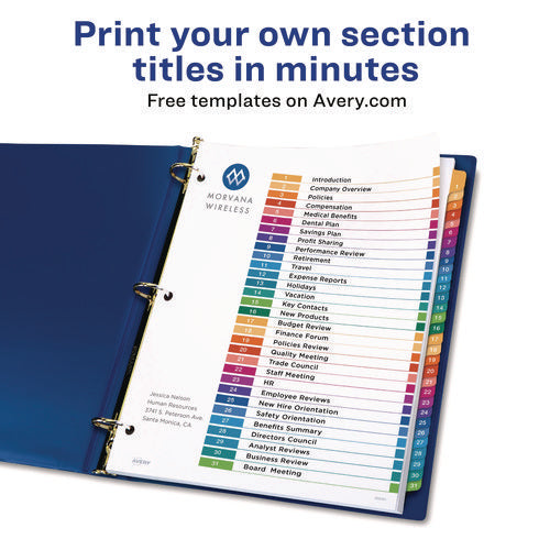 Image of Avery® customizable table of contents ready index multicolor dividers, 31-tab, 1 to 31, 11 x 8.5, white, 6 sets