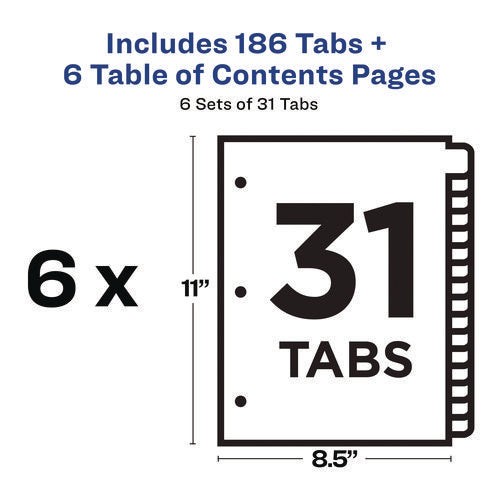Image of Avery® customizable table of contents ready index multicolor dividers, 31-tab, 1 to 31, 11 x 8.5, white, 6 sets