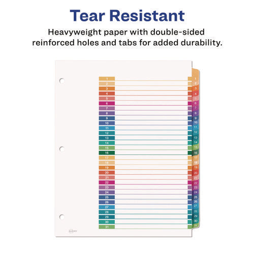 Image of Avery® customizable table of contents ready index multicolor dividers, 31-tab, 1 to 31, 11 x 8.5, white, 6 sets