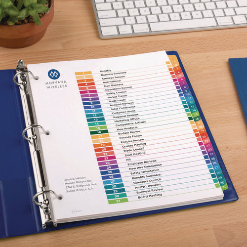 Image of Avery® customizable table of contents ready index multicolor dividers, 31-tab, 1 to 31, 11 x 8.5, white, 6 sets