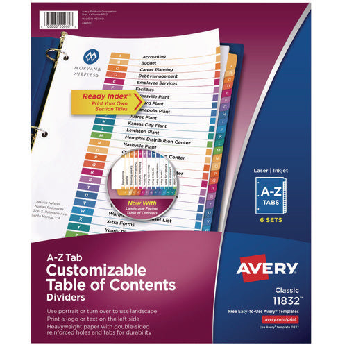 Image of Avery® customizable table of contents ready index multicolor dividers, 26-tab, a to z, 11 x 8.5, white, 6 sets
