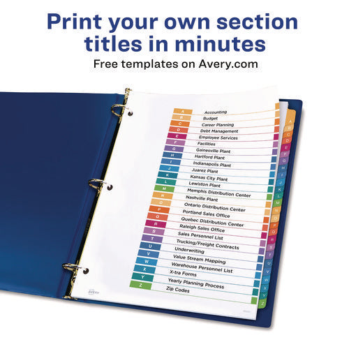 Image of Avery® customizable table of contents ready index multicolor dividers, 26-tab, a to z, 11 x 8.5, white, 6 sets