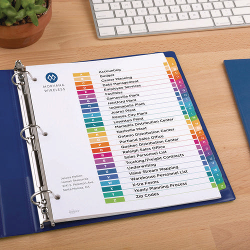 Image of Avery® customizable table of contents ready index multicolor dividers, 26-tab, a to z, 11 x 8.5, white, 6 sets