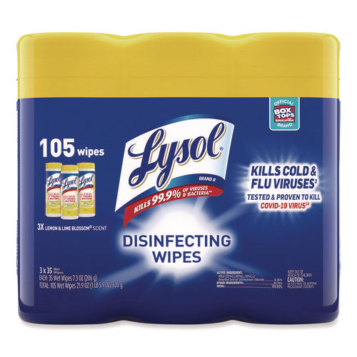 Image of LYSOL® Brand Disinfecting Wipes, 1-Ply, 7 x 7.25, Lemon and Lime Blossom, White, 35 Wipes/Canister, 3 Canisters/Pack, 4 Packs/Carton