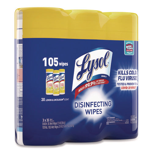 Image of LYSOL® Brand Disinfecting Wipes, 1-Ply, 7 x 7.25, Lemon and Lime Blossom, White, 35 Wipes/Canister, 3 Canisters/Pack, 4 Packs/Carton