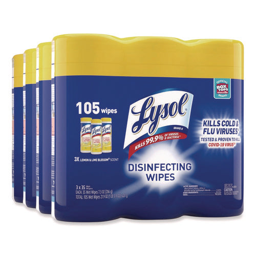 Image of LYSOL® Brand Disinfecting Wipes, 1-Ply, 7 x 7.25, Lemon and Lime Blossom, White, 35 Wipes/Canister, 3 Canisters/Pack, 4 Packs/Carton