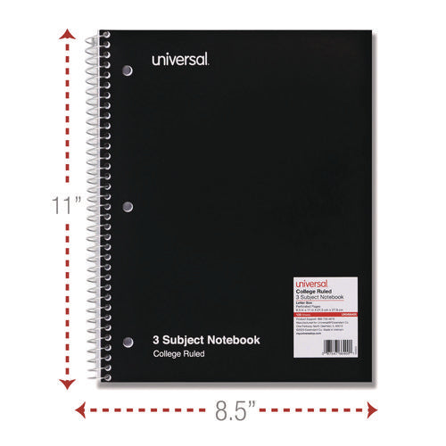 Image of Universal® Wirebound Notebook, 3-Subject, Medium/College Rule, Black Cover, (120) 11 x 8.5 Sheets