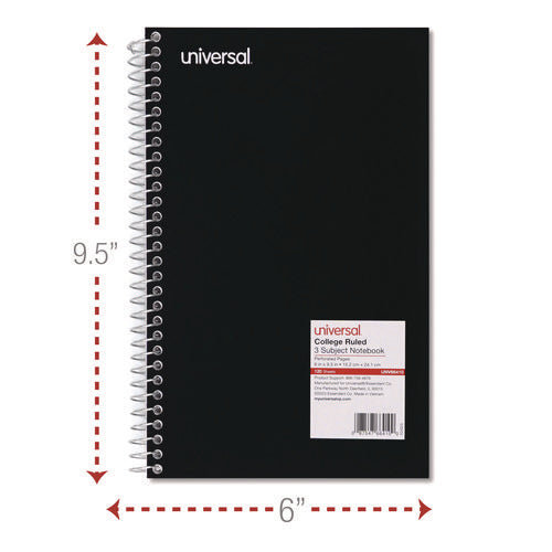 Image of Universal® Wirebound Notebook, 3-Subject, Medium/College Rule, Black Cover, (120) 9.5 x 6 Sheets