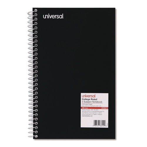 Image of Universal® Wirebound Notebook, 3-Subject, Medium/College Rule, Black Cover, (120) 9.5 x 6 Sheets