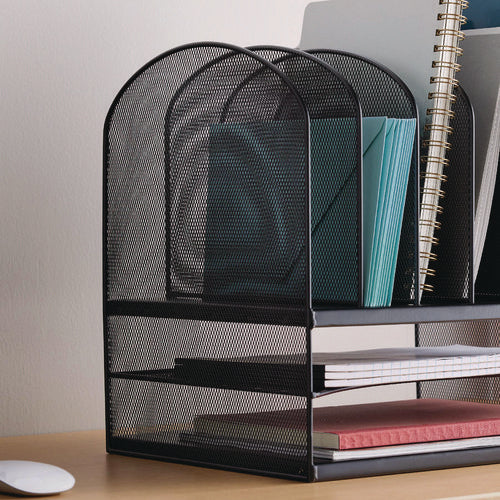 Image of Safco® Onyx Mesh Desk Organizer With Two Horizontal And Six Upright Sections, Letter Size Files, 13.25" X 11.5" X 13", Black