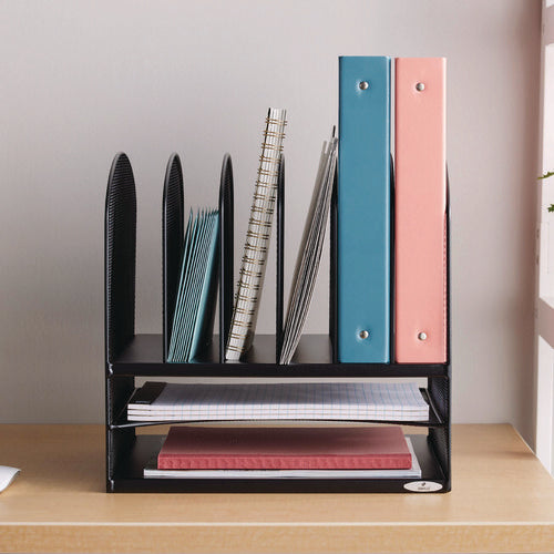 Image of Safco® Onyx Mesh Desk Organizer With Two Horizontal And Six Upright Sections, Letter Size Files, 13.25" X 11.5" X 13", Black