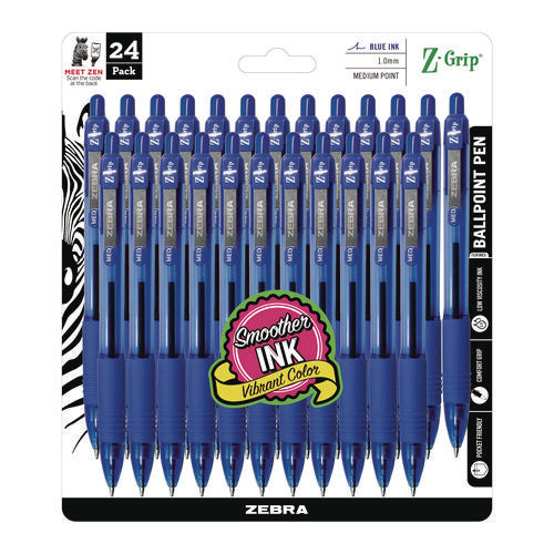 Image of Zebra® Z-Grip Ballpoint Pen, Retractable, Medium 1 mm, Blue Ink, Translucent Blue/Blue Barrel, 24/Pack