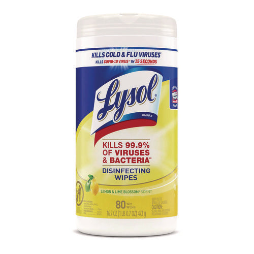 Image of LYSOL® Brand Disinfecting Wipes, 1-Ply, 7 x 7.25, Lemon and Lime Blossom, White, 80 Wipes/Canister, 6 Canisters/Carton