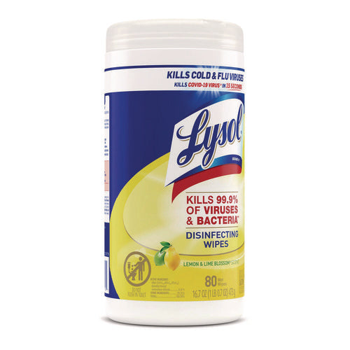Image of LYSOL® Brand Disinfecting Wipes, 1-Ply, 7 x 7.25, Lemon and Lime Blossom, White, 80 Wipes/Canister, 6 Canisters/Carton