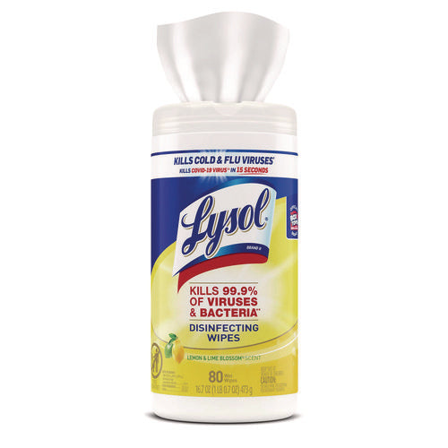Image of LYSOL® Brand Disinfecting Wipes, 1-Ply, 7 x 7.25, Lemon and Lime Blossom, White, 80 Wipes/Canister, 6 Canisters/Carton