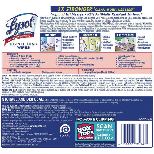 Image of LYSOL® Brand Disinfecting Wipes, 1-Ply, 7 x 7.25, Lemon and Lime Blossom, White, 80 Wipes/Canister, 6 Canisters/Carton