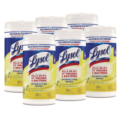 Image of LYSOL® Brand Disinfecting Wipes, 1-Ply, 7 x 7.25, Lemon and Lime Blossom, White, 80 Wipes/Canister, 6 Canisters/Carton