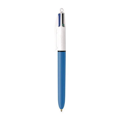 Image of BIC® 4-Color Multi-Color Ballpoint Pen, Retractable, Medium 1mm, Black/Blue/Green/Red Ink, Blue/White Barrel