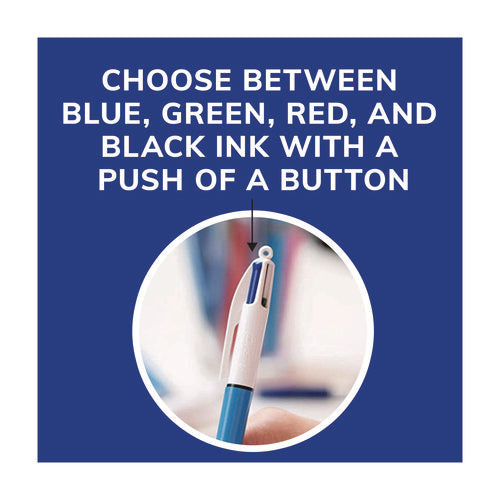 Image of BIC® 4-Color Multi-Color Ballpoint Pen, Retractable, Medium 1mm, Black/Blue/Green/Red Ink, Blue/White Barrel