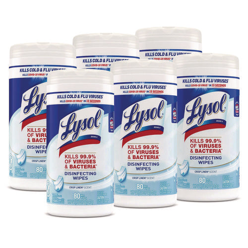 Image of LYSOL® Brand Disinfecting Wipes, 1-Ply, 7 x 7.25, Crisp Linen, White, 80 Wipes/Canister, 6 Canisters/Carton