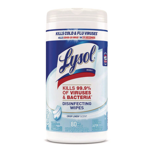 Image of LYSOL® Brand Disinfecting Wipes, 1-Ply, 7 x 7.25, Crisp Linen, White, 80 Wipes/Canister, 6 Canisters/Carton