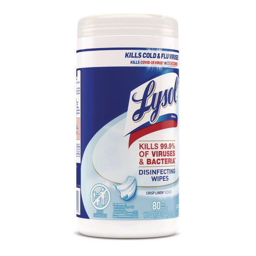 Image of LYSOL® Brand Disinfecting Wipes, 1-Ply, 7 x 7.25, Crisp Linen, White, 80 Wipes/Canister, 6 Canisters/Carton