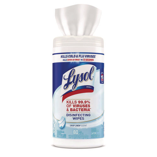 Image of LYSOL® Brand Disinfecting Wipes, 1-Ply, 7 x 7.25, Crisp Linen, White, 80 Wipes/Canister, 6 Canisters/Carton
