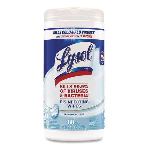 Image of LYSOL® Brand Disinfecting Wipes, 1-Ply, 7 x 7.25, Crisp Linen, White, 80 Wipes/Canister