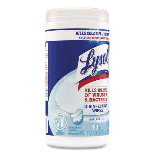 Image of LYSOL® Brand Disinfecting Wipes, 1-Ply, 7 x 7.25, Crisp Linen, White, 80 Wipes/Canister