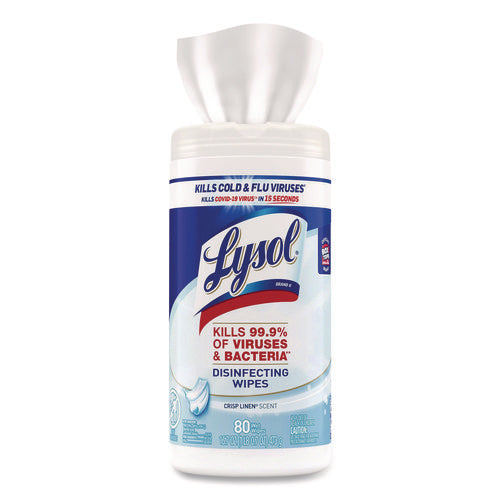 Image of LYSOL® Brand Disinfecting Wipes, 1-Ply, 7 x 7.25, Crisp Linen, White, 80 Wipes/Canister