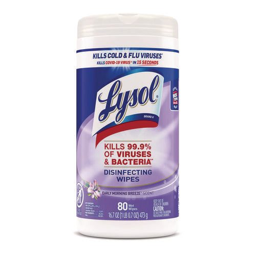 Image of LYSOL® Brand Disinfecting Wipes, 1-Ply, 7 x 7.25, Early Morning Breeze, White, 80 Wipes/Canister, 6 Canisters/Carton