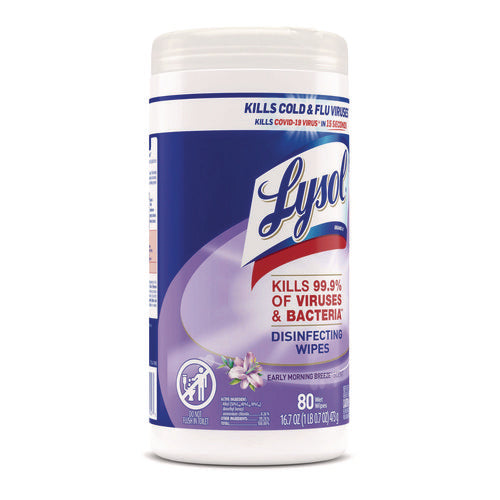 Image of LYSOL® Brand Disinfecting Wipes, 1-Ply, 7 x 7.25, Early Morning Breeze, White, 80 Wipes/Canister, 6 Canisters/Carton