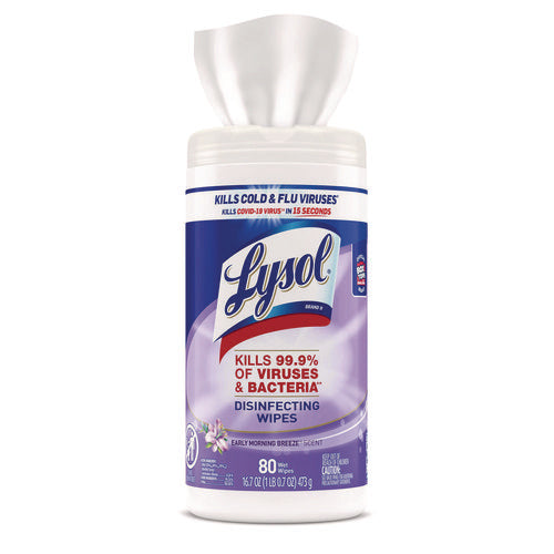 Image of LYSOL® Brand Disinfecting Wipes, 1-Ply, 7 x 7.25, Early Morning Breeze, White, 80 Wipes/Canister, 6 Canisters/Carton