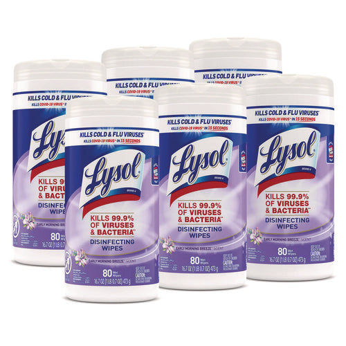 Image of LYSOL® Brand Disinfecting Wipes, 1-Ply, 7 x 7.25, Early Morning Breeze, White, 80 Wipes/Canister, 6 Canisters/Carton