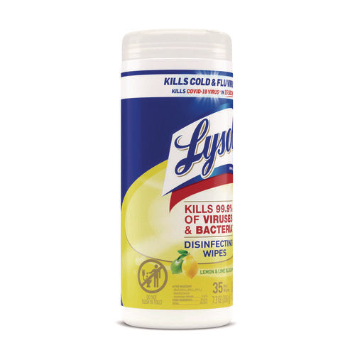 Image of LYSOL® Brand Disinfecting Wipes, 1-Ply, 7 x 7.25, Lemon and Lime Blossom, White, 35 Wipes/Canister