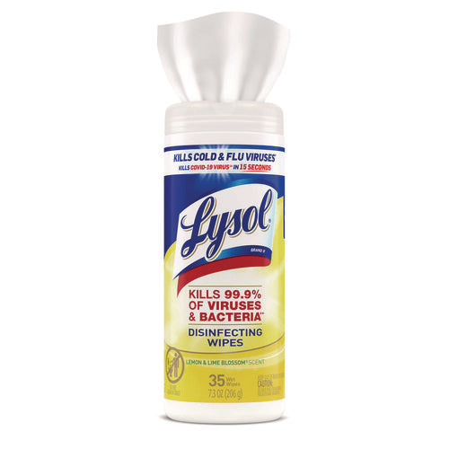 Image of LYSOL® Brand Disinfecting Wipes, 1-Ply, 7 x 7.25, Lemon and Lime Blossom, White, 35 Wipes/Canister