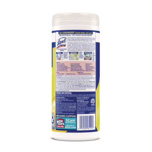 Image of LYSOL® Brand Disinfecting Wipes, 1-Ply, 7 x 7.25, Lemon and Lime Blossom, White, 35 Wipes/Canister
