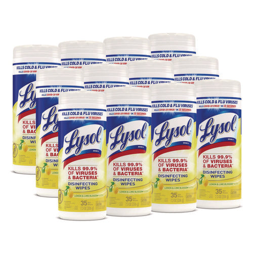 Image of LYSOL® Brand Disinfecting Wipes, 1-Ply, 7 x 7.25, Lemon and Lime Blossom, White, 35 Wipes/Canister, 12 Canisters/Carton