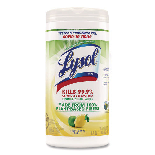 Image of LYSOL® Brand Disinfecting Wipes II Fresh Citrus, 1-Ply, 7 x 7.25, White, 70 Wipes/Canister, 6 Canisters/Carton