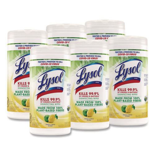 Image of LYSOL® Brand Disinfecting Wipes II Fresh Citrus, 1-Ply, 7 x 7.25, White, 70 Wipes/Canister, 6 Canisters/Carton