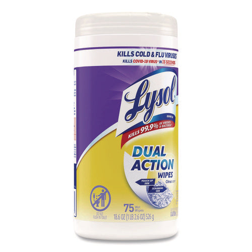 Image of LYSOL® Brand Dual Action Disinfecting Wipes, 1-Ply, 7 x 7.5, Citrus, White/Purple, 75/Canister