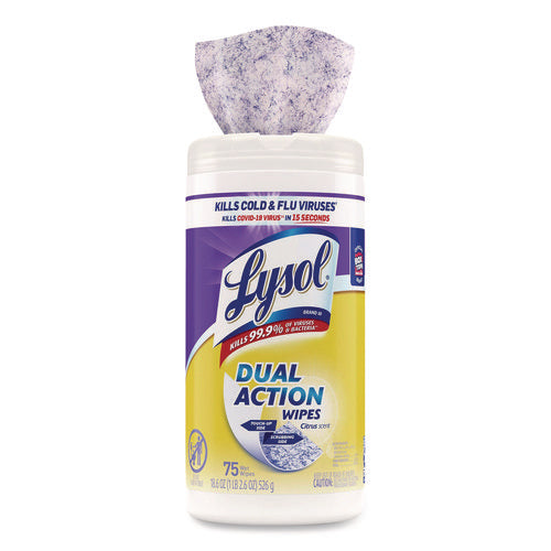 Image of LYSOL® Brand Dual Action Disinfecting Wipes, 1-Ply, 7 x 7.5, Citrus, White/Purple, 75/Canister