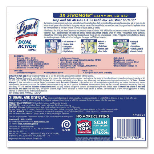 Image of LYSOL® Brand Dual Action Disinfecting Wipes, 1-Ply, 7 x 7.5, Citrus, White/Purple, 75/Canister