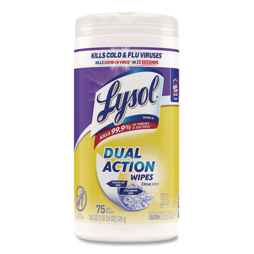 Image of LYSOL® Brand Dual Action Disinfecting Wipes, 1-Ply, 7 x 7.5, Citrus, White/Purple, 75/Canister