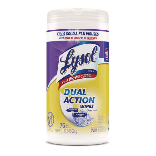 Image of LYSOL® Brand Dual Action Disinfecting Wipes, 1-Ply, 7 x 7.5, Citrus, White/Purple, 75/Canister, 6 Canisters/Carton