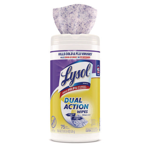 Image of LYSOL® Brand Dual Action Disinfecting Wipes, 1-Ply, 7 x 7.5, Citrus, White/Purple, 75/Canister, 6 Canisters/Carton