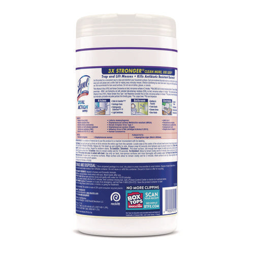 Image of LYSOL® Brand Dual Action Disinfecting Wipes, 1-Ply, 7 x 7.5, Citrus, White/Purple, 75/Canister, 6 Canisters/Carton