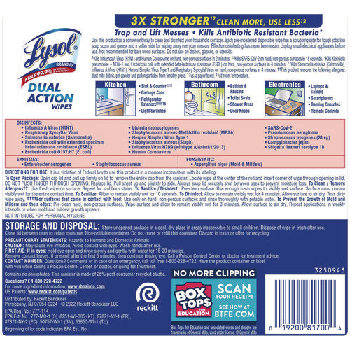 Image of LYSOL® Brand Dual Action Disinfecting Wipes, 1-Ply, 7 x 7.5, Citrus, White/Purple, 75/Canister, 6 Canisters/Carton