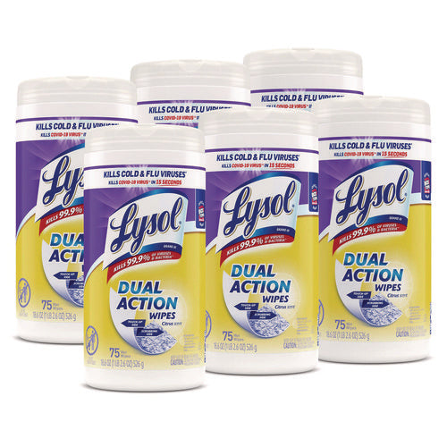 Image of LYSOL® Brand Dual Action Disinfecting Wipes, 1-Ply, 7 x 7.5, Citrus, White/Purple, 75/Canister, 6 Canisters/Carton