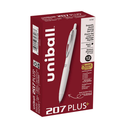 Image of uniball® 207 Plus+ Gel Pen, Retractable, Medium 0.7 mm, Black Ink, White Barrel, Dozen